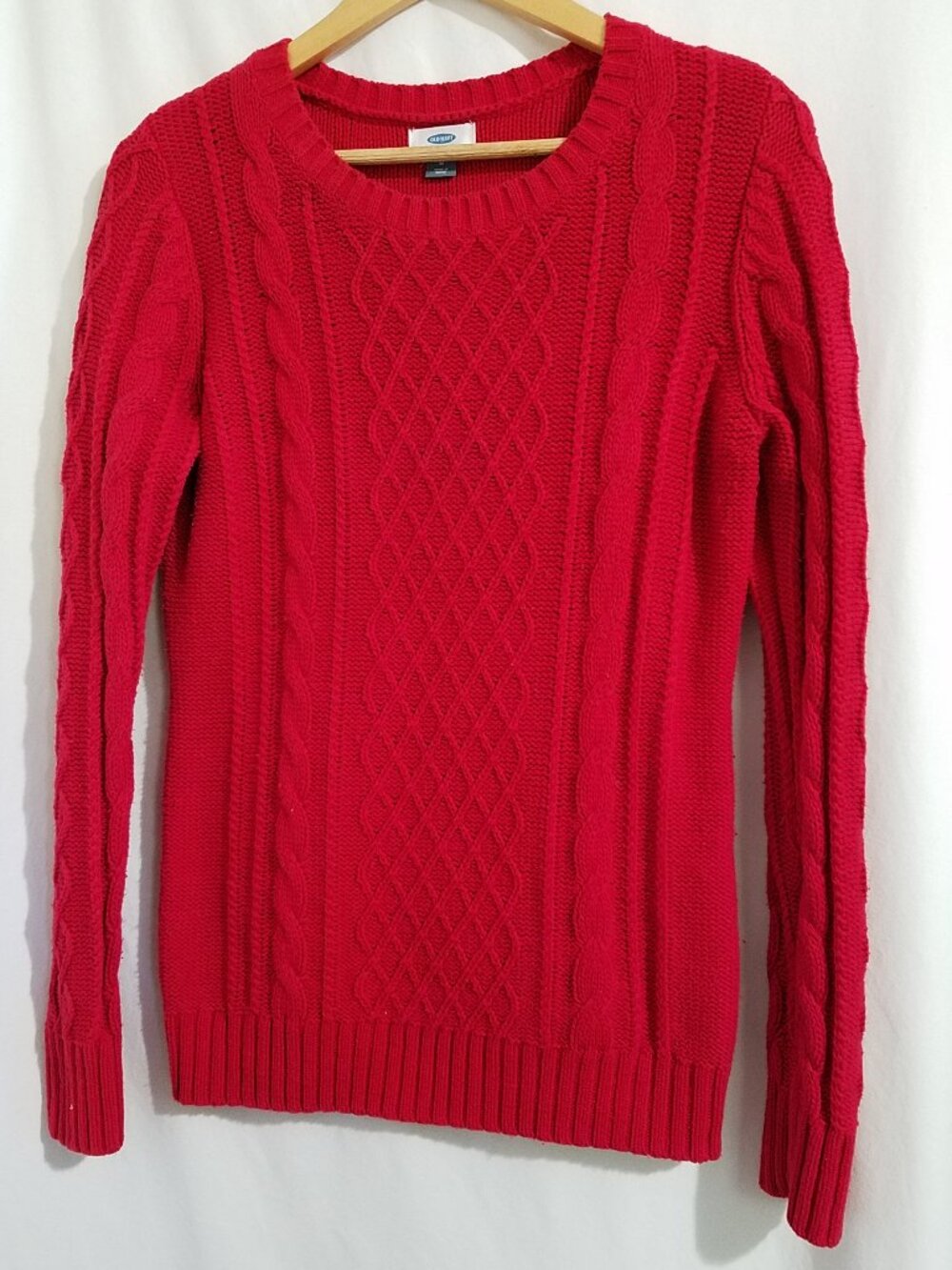 Old Navy Cable Knit Sweater Women's M Crew Neck Red Cotton Blend Cozy Warm Pullo